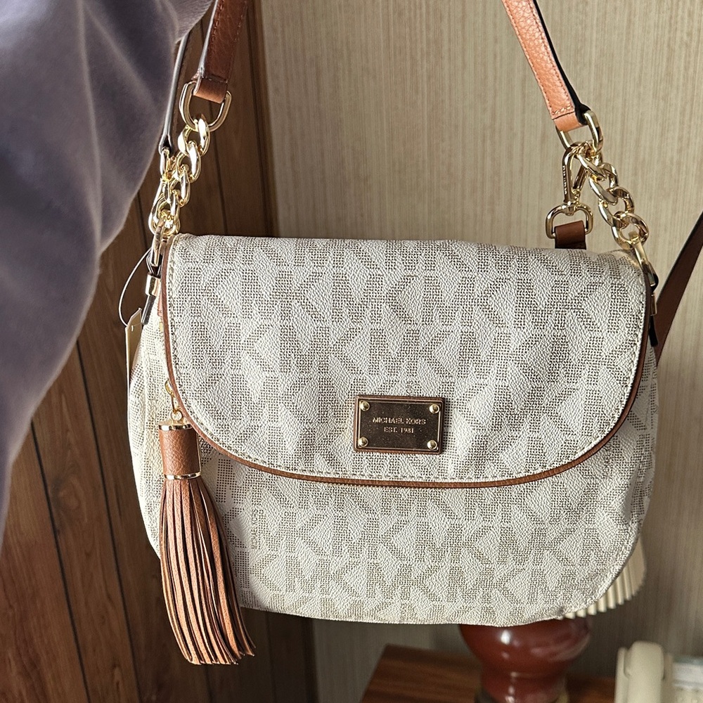Michael Kors Cream and Tan Signature Logo Crossbody with Tassel